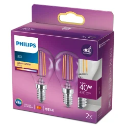 Philips 2-PAK KLAR LED PÆRE KRONE E14 4W^ Led
