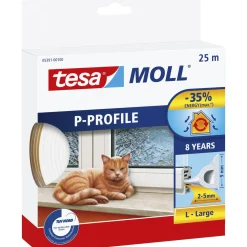 Tesa MOLL P-PROFIL TÆTNINGSLISTE 25 M X 9 MM X 5,50 MM HVID^ Tætningslister